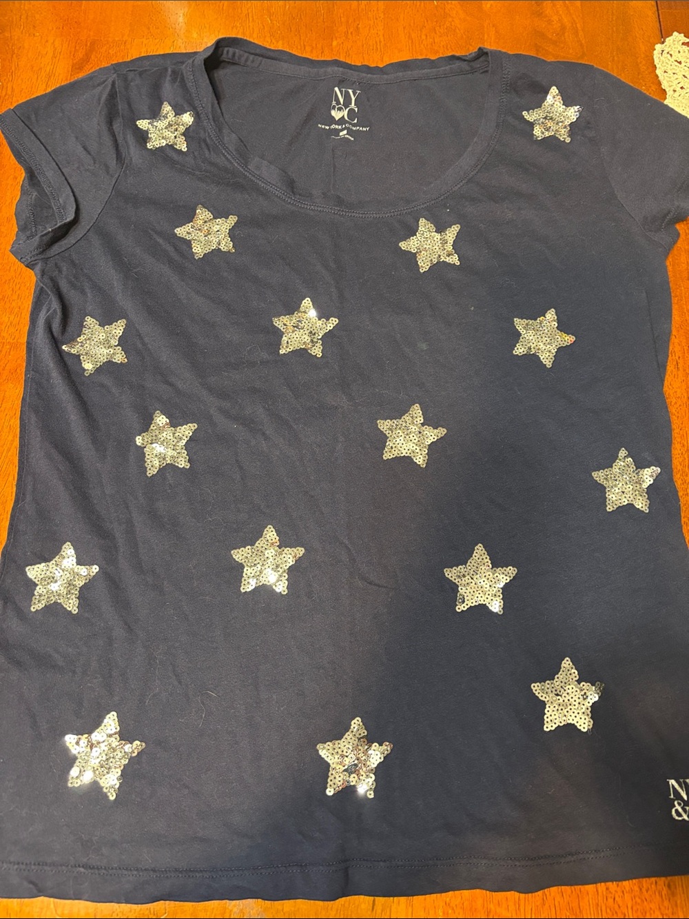 New York & Company Navy Tee with Silver Sequin Stars